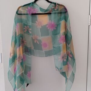 Sheer Floral Scarf Wrap in Teal with Pink Flowers